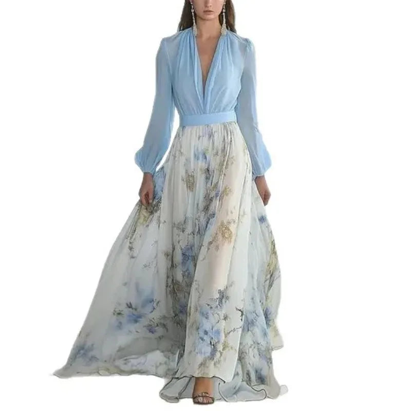 Elegant Long Sleeve Maxi Dress Women 2025 Summer Fashion Slim Floral Print V-neck White Long Dresses Casual Ethnic Style Resort