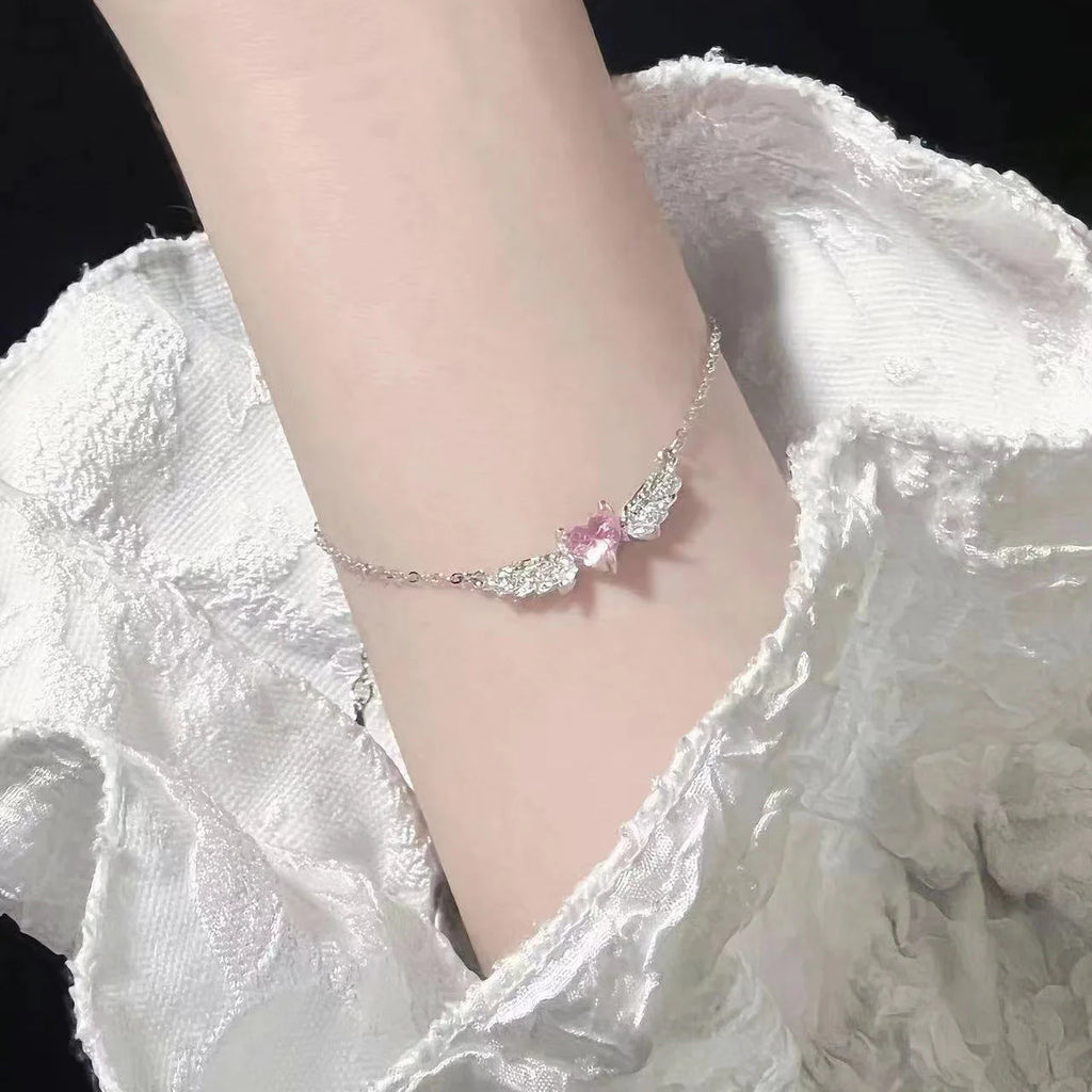 Crystal Angel Wings Pink Heart Pendant Necklaces Y2K Girl Women Heart Clavicle Chain Choker Fashion Jewelry Gifts