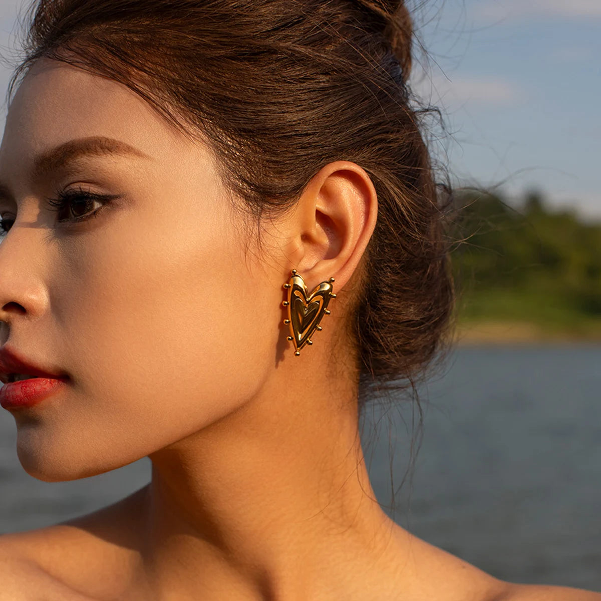 Vintage Geometric Heart Earrings For Women Gold Color Stainless Steel Love Irregular Earring Wedding  Jewelry Gift