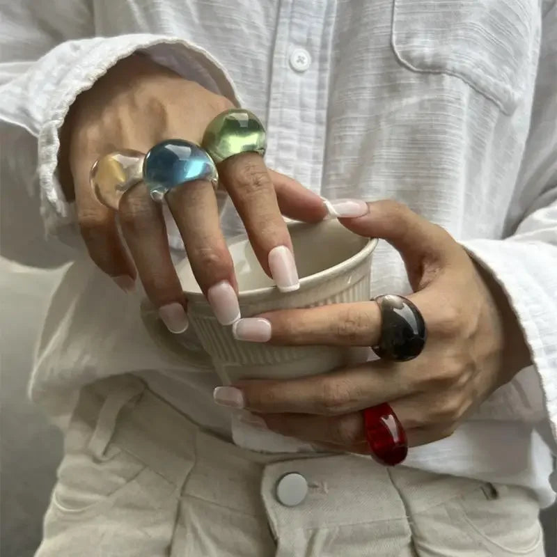 Ins Style Vintage Irregular Transparent Colored Resin Ring New Trend Boho Geometric Finger Rings Aesthetic Jewelry Accessories