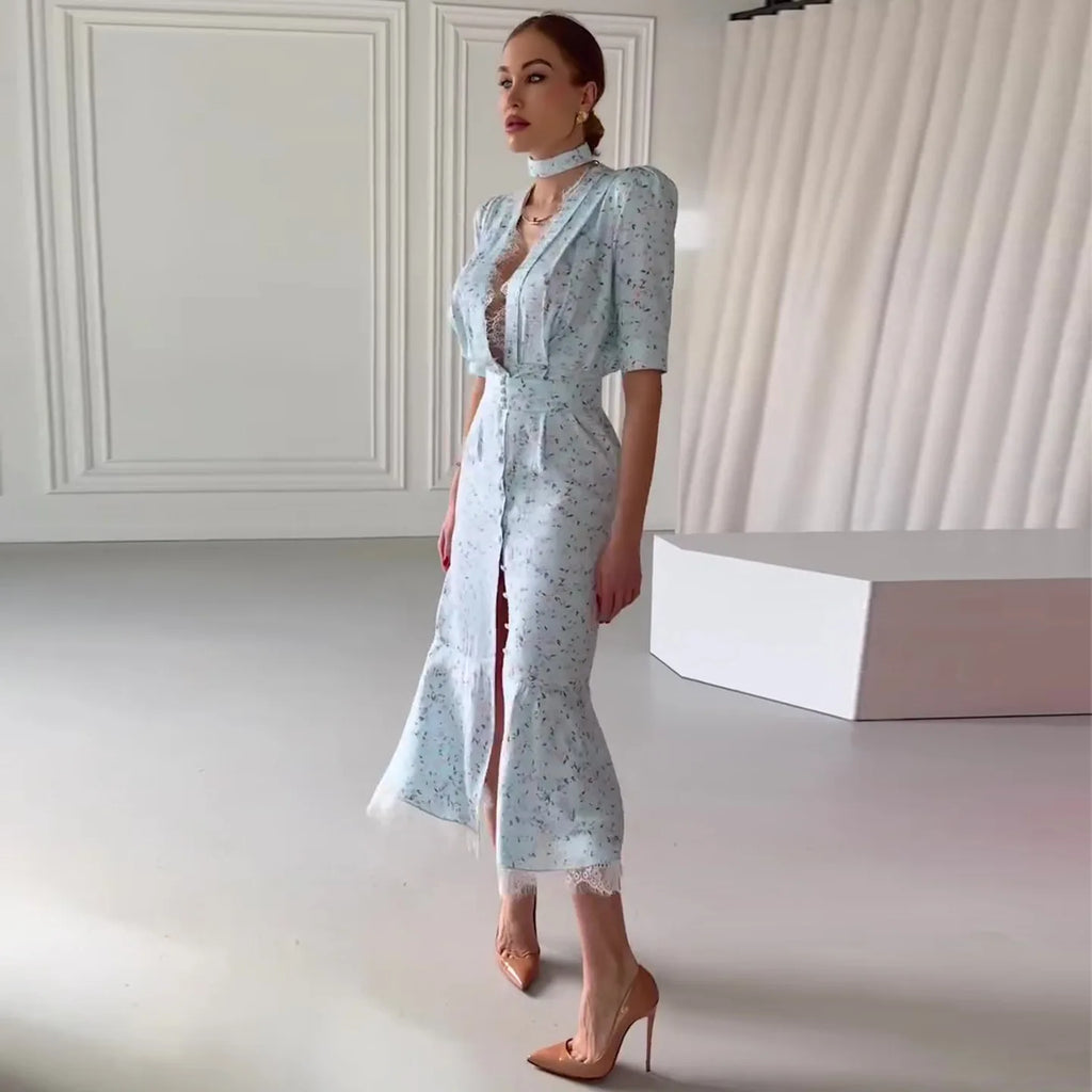 Elegant Lace Trimmed Printed Dress Women Chic Deep V-neck Waist Cinching Split Short Sleeve Maxi Dress Lady Party Vestidos 2026
