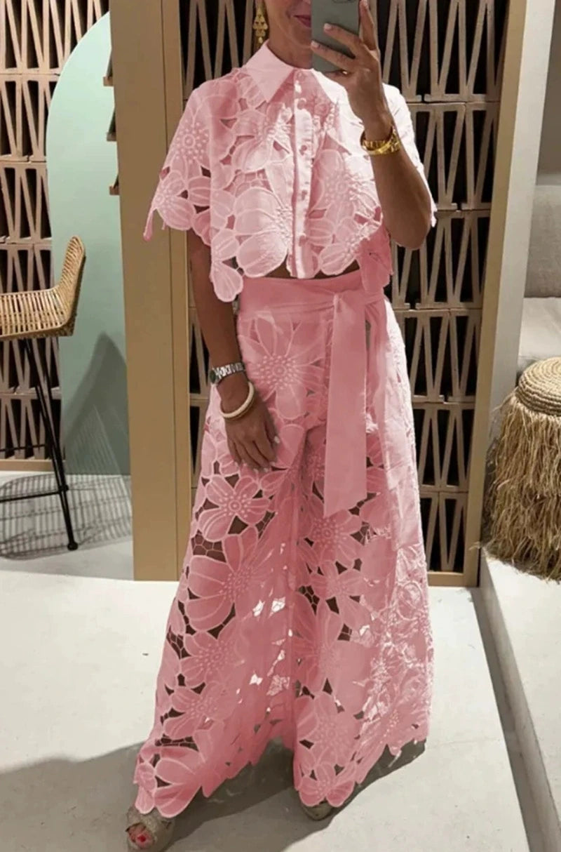 Women Set Short Sleeved Blouse Tops + Tie-up Pants Two Peics set Lace Outfit Embroidery 2025 New Retro Hollow Temperament Suit