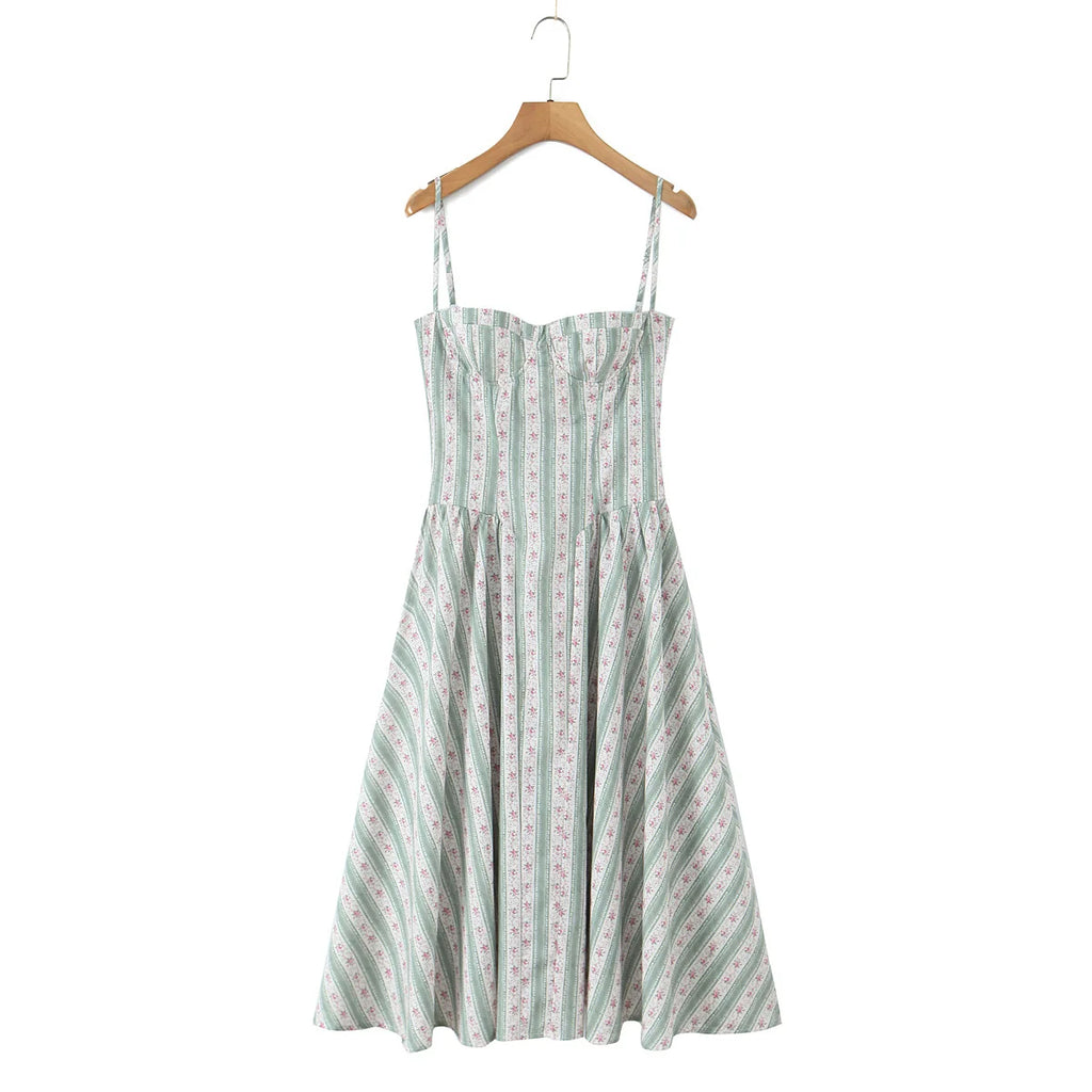 YENKYE Green Striped Floral Print Sexy Spaghetti Straps Dresses Women Elegant A-line Midi Vacation Party Dresses Summer Robe