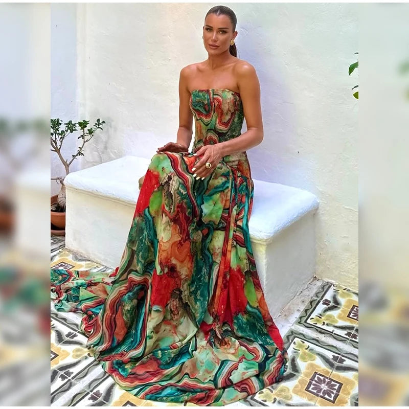 Pleated Waist Strapless Dress Women's New Printed Colorful Long Gown Elegant Fashionable Summer Vacation Party Robe 2025
