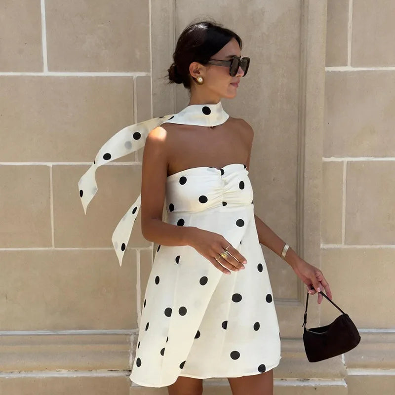 Elegant White Polka Dot Short Dress Sexy Slip Sleeveless Backless Silk Mini Dresses Evening Party Cute Birthday New Summer 2026