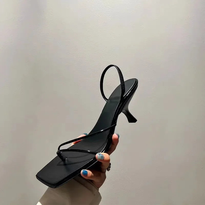 2026 New Genuine Leather Retro Square Toe Pinch Sandals Fashion High Heel Slippers Women Women's Sandals