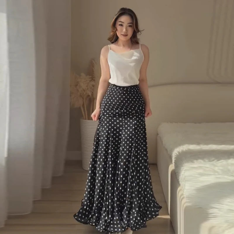 Women Dress Polka Dot Chiffon Maxi Skirt High Waist Ruffle Hem Flared Skirt Elegant Casual Beach Vacation Streetwear For Ladies