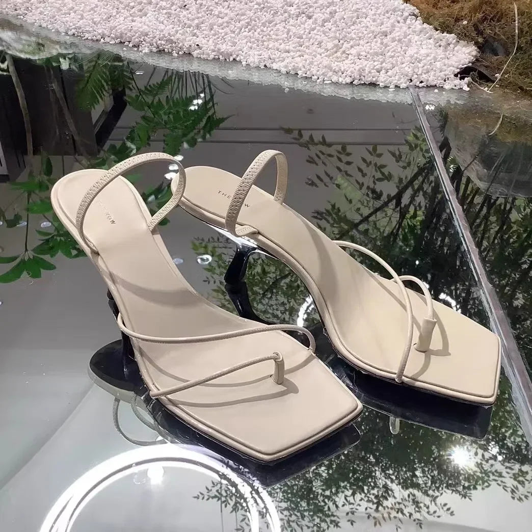 2026 New Genuine Leather Retro Square Toe Pinch Sandals Fashion High Heel Slippers Women Women's Sandals