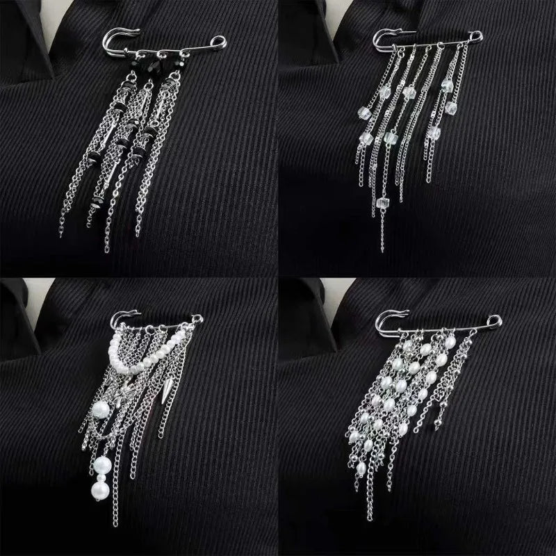 Black Crystal Tassel Brooch Metal Chain Pendant Tassel Brooch for Women Personality Charm Clothes Bag Pins Jewelry Accessories