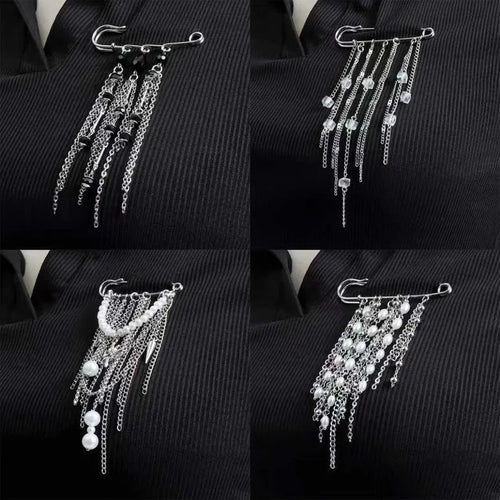 Black Crystal Tassel Brooch Metal Chain Pendant Tassel Brooch for Women Personality Charm Clothes Bag Pins Jewelry Accessories