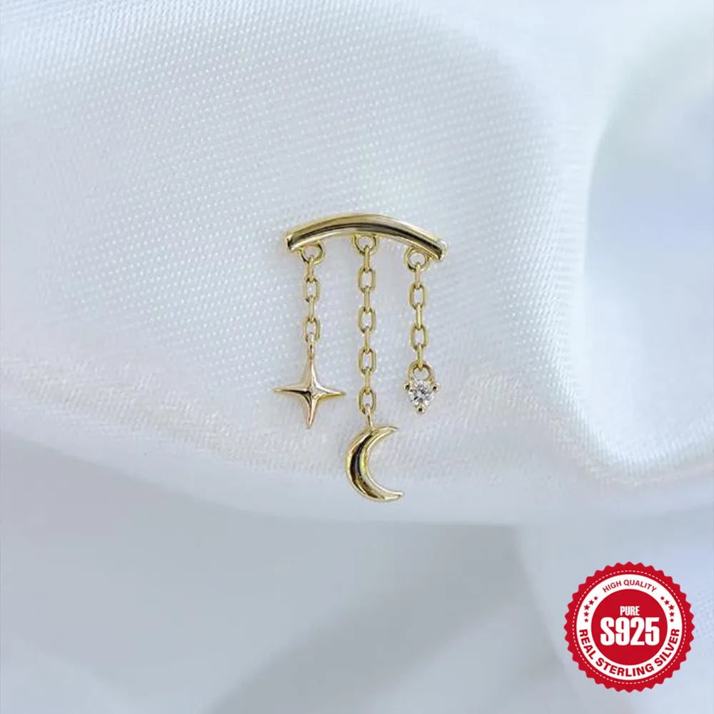 BOAKO Star Moon Chain Tassel  925 Sterling Silver Shiny For Woman Piercing Earring Fashion Dainty Luxury Style fine jewelry