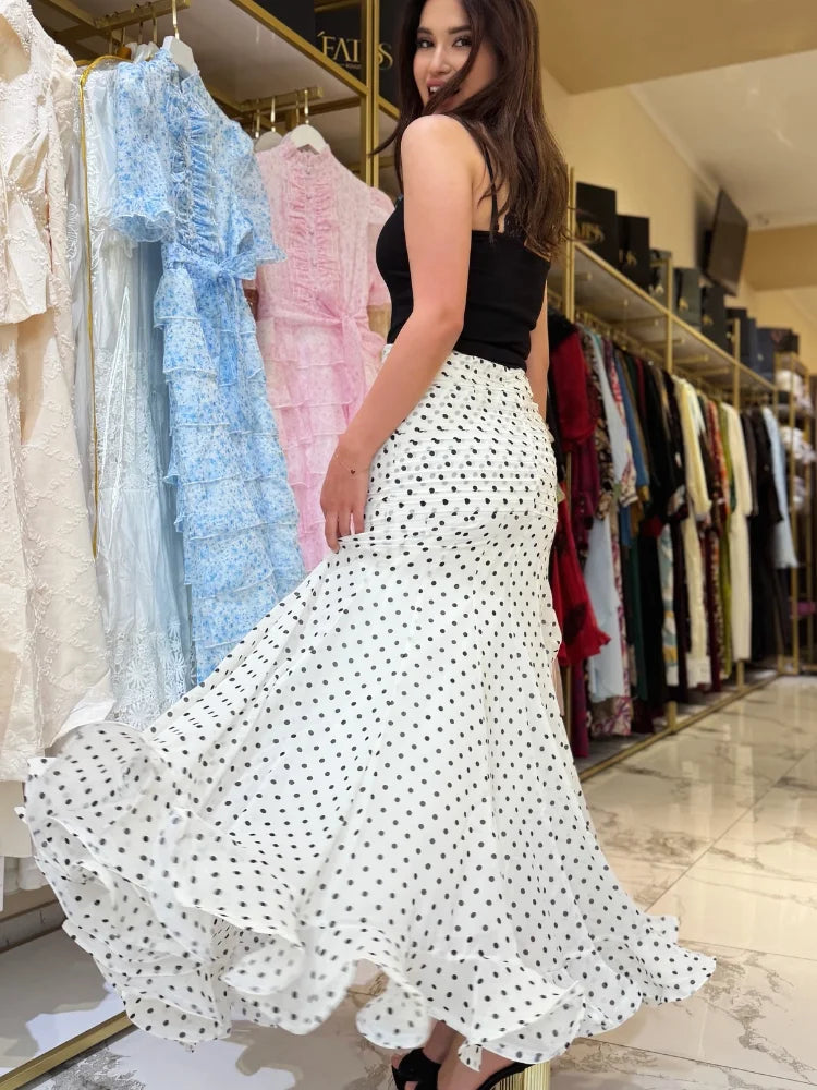 Women Dress Polka Dot Chiffon Maxi Skirt High Waist Ruffle Hem Flared Skirt Elegant Casual Beach Vacation Streetwear For Ladies