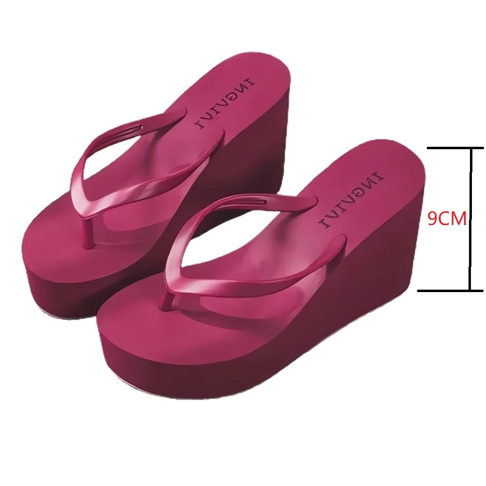EOFK New Women Flip Flops Wedges Comfort Summer Platform Slippers Outdoor Concise Beach High Heel 9cm Casual Slides