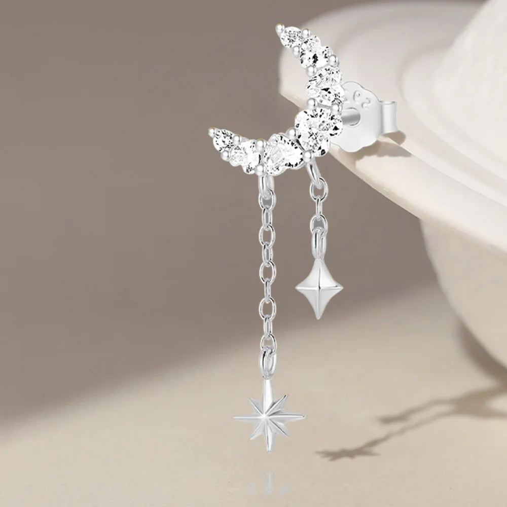 BOAKO Star Moon Chain Tassel  925 Sterling Silver Shiny For Woman Piercing Earring Fashion Dainty Luxury Style fine jewelry