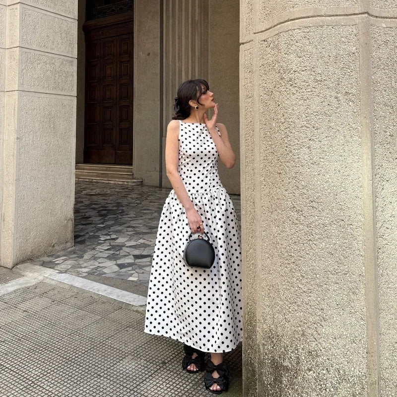 Elegant Solid Polka Dot Pleated Slim Vestido Women Chic Sleeveless Off Shoulder Round Neck Maxi Dresses Summer Dinner Party Wear