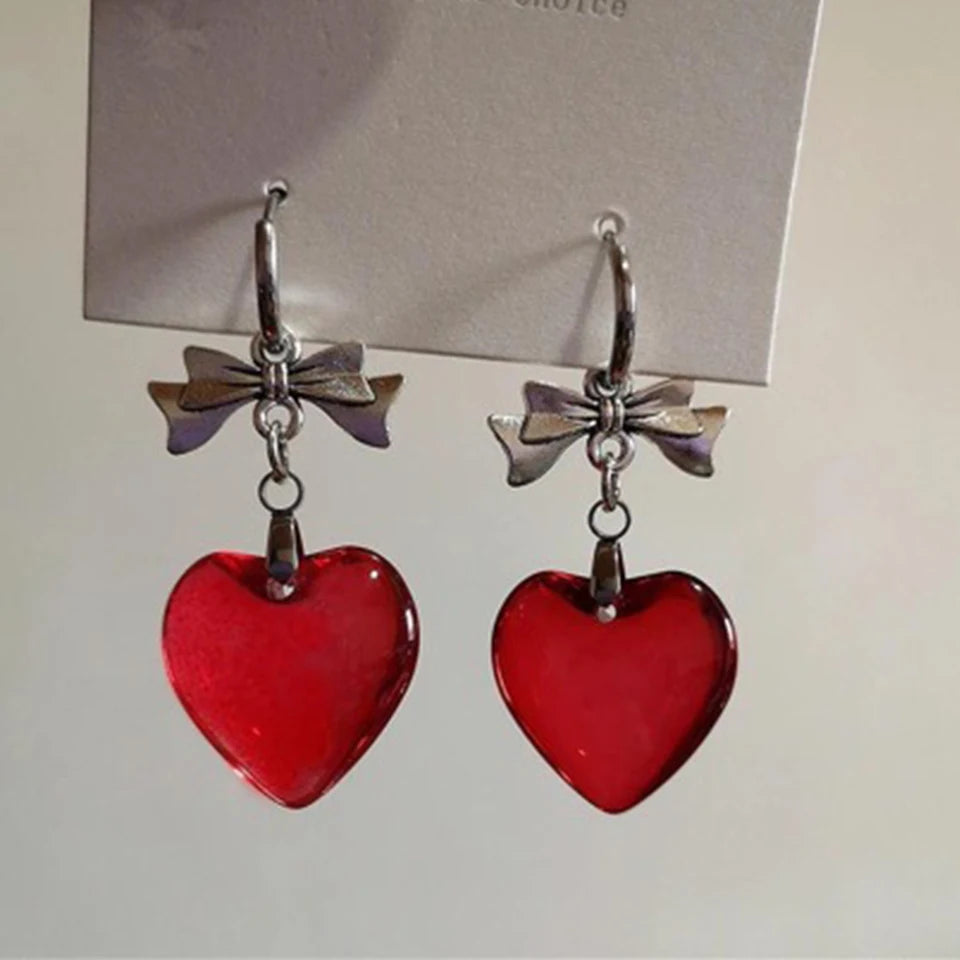 ZAKOL Y2k Sweet Harajuku Red Glass Love Heart Dangle Earrings for Women Hot Girls Korean Fashion Punk Bowknot Ear Accessories