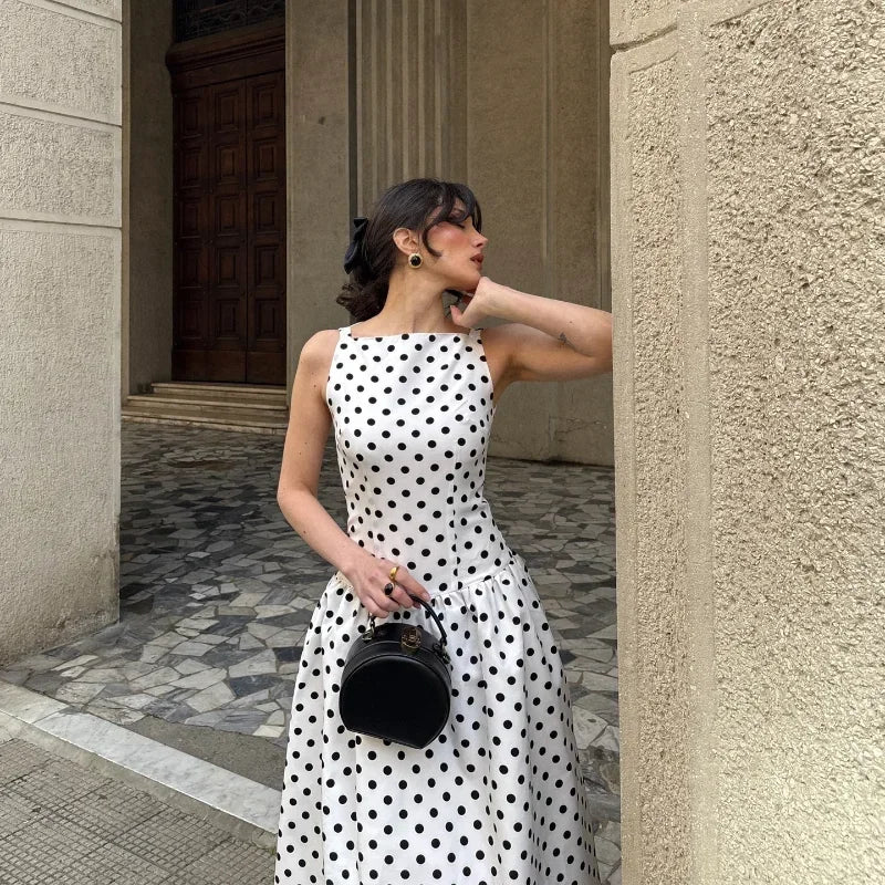 Elegant Solid Polka Dot Pleated Slim Vestido Women Chic Sleeveless Off Shoulder Round Neck Maxi Dresses Summer Dinner Party Wear