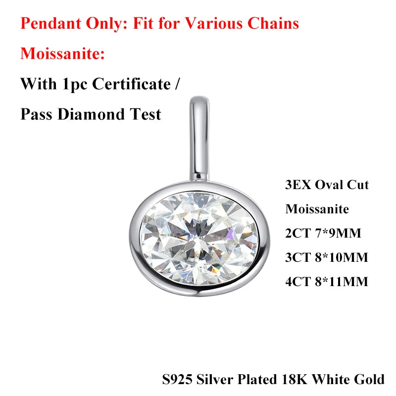 EWYA Oval Cut 2/3/4ct Solitaire Moissanite Pendant Necklaces Women Wedding s925 Silver 1.5mm Solid Choker Big Diamond Neck Chain