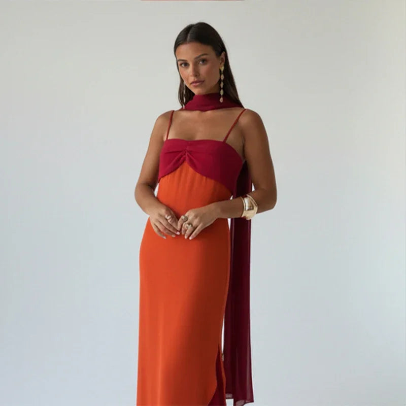Fashion Women Color Blocking Scarf Collar Sling Dress Sexy Split Waist Cinching Bodycon Maxi Gowns 2026 Lady Club Party Vestidos