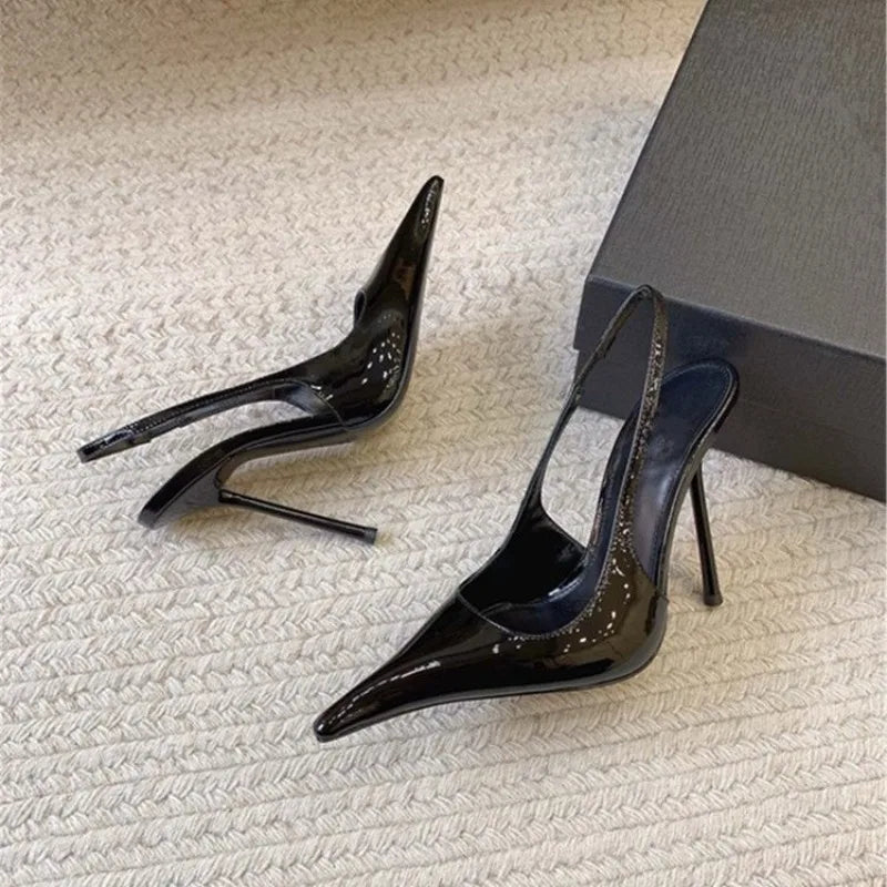 Fashion Non-Slip Wear-Resistant High Heels Women's Pointed Toe Patent Leather Slip-On Sandals