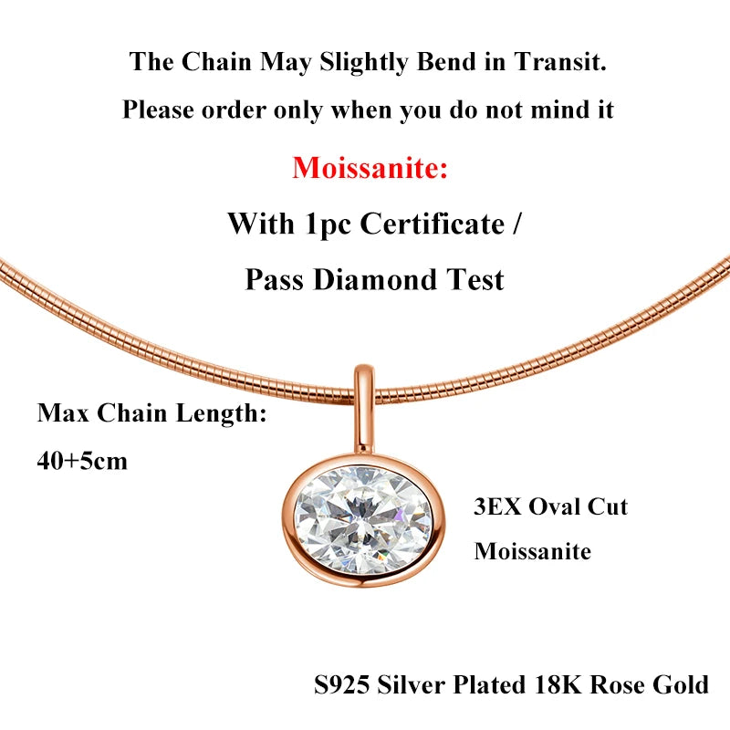EWYA Oval Cut 2/3/4ct Solitaire Moissanite Pendant Necklaces Women Wedding s925 Silver 1.5mm Solid Choker Big Diamond Neck Chain