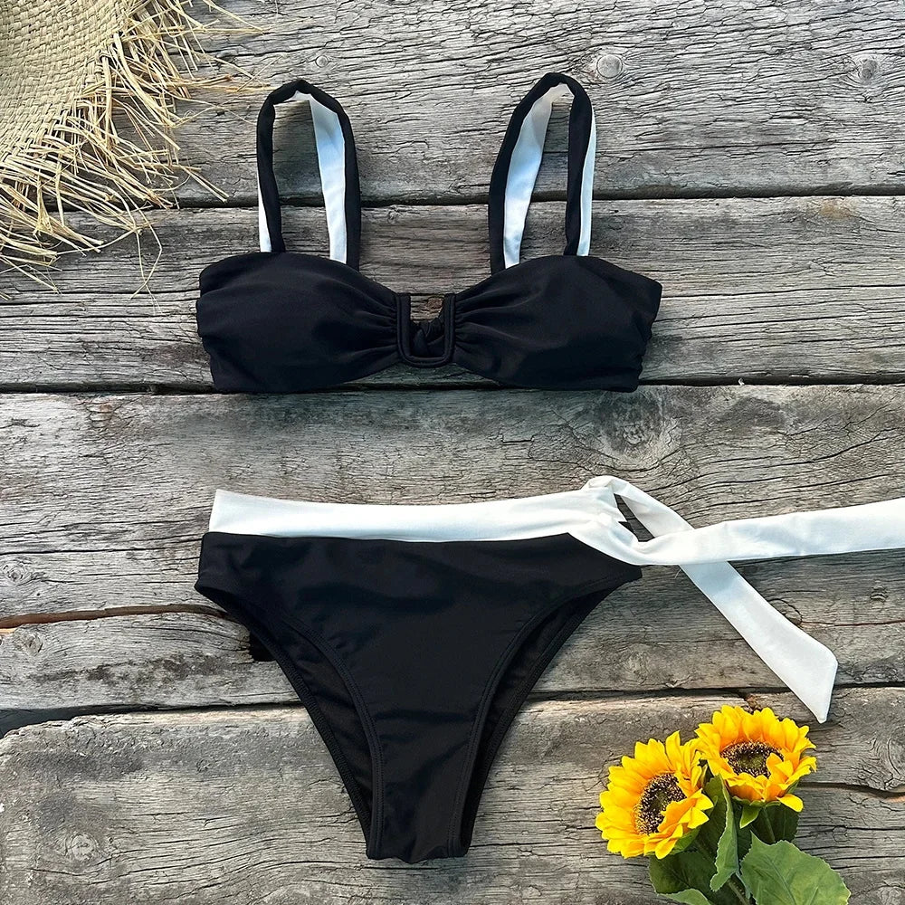2025 Solid Thong Brazilian Bikinis Swimwear Women Swimsuit  Black White Bikini Set Bathing Suit Female Summer Beach Wear Biquini