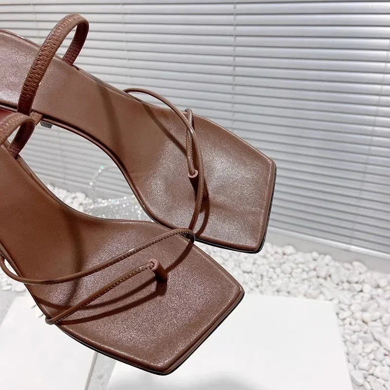 2026 New Genuine Leather Retro Square Toe Pinch Sandals Fashion High Heel Slippers Women Women's Sandals