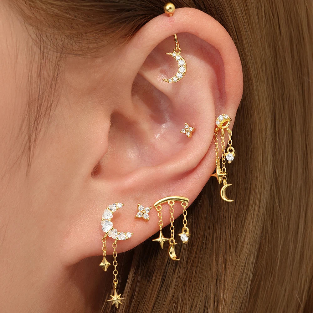 BOAKO Star Moon Chain Tassel  925 Sterling Silver Shiny For Woman Piercing Earring Fashion Dainty Luxury Style fine jewelry