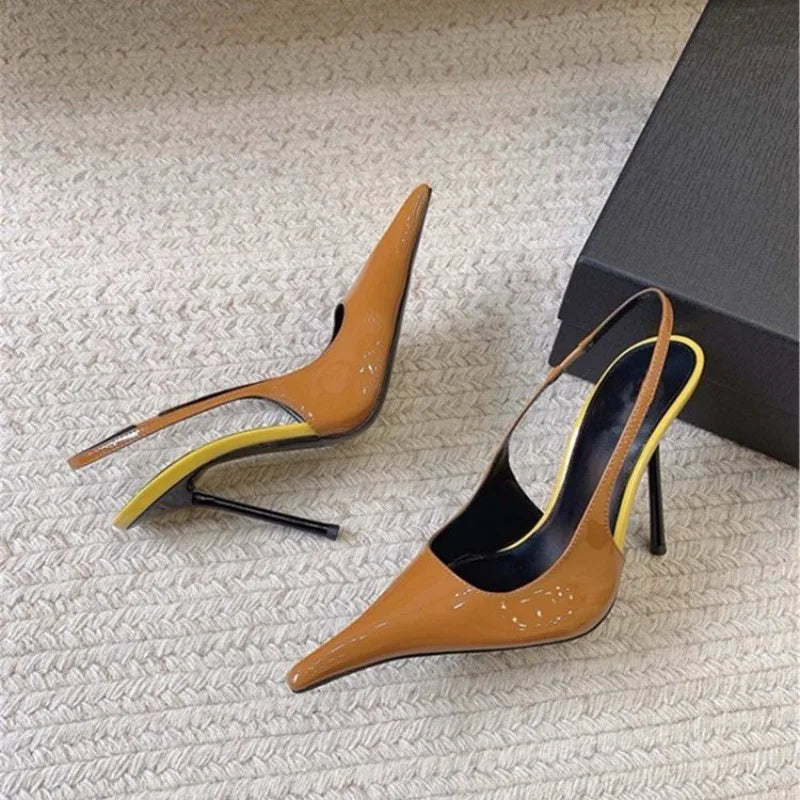 Fashion Non-Slip Wear-Resistant High Heels Women's Pointed Toe Patent Leather Slip-On Sandals