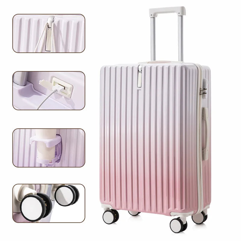 20/22/24 Inch Gradient Color Luggage Boarding Trolley Suitcase Safety Combination Lock Front Hook Silent Universal Roller