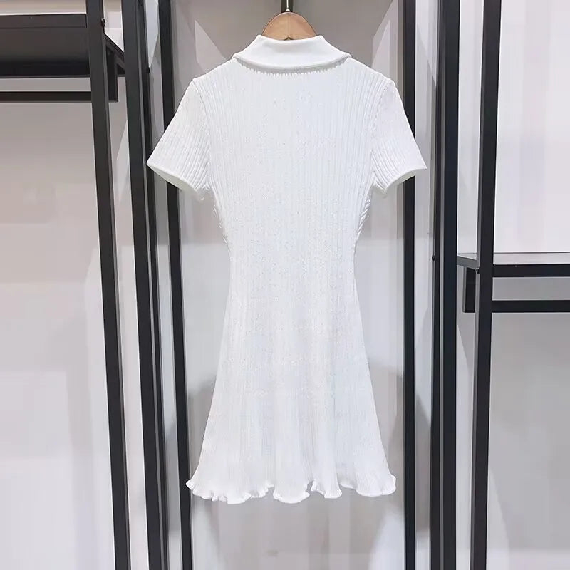 2024 Spring New Arrive Knitted Women Sequins Mini Dress Short Sleeve Turn Down Collor Ruffles Hem Lady Dress