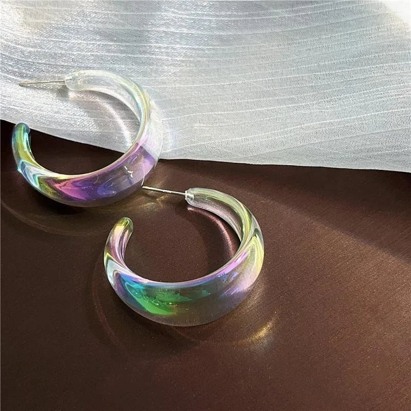Fashion Korean AB Colors Wide C- Type Hoop Earring Women Vintage Irregular Dangle Earrings For Female Party Jewelry