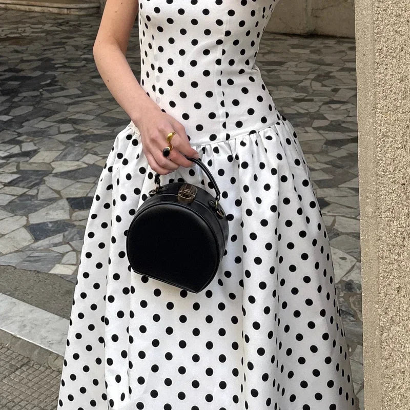 Elegant Solid Polka Dot Pleated Slim Vestido Women Chic Sleeveless Off Shoulder Round Neck Maxi Dresses Summer Dinner Party Wear