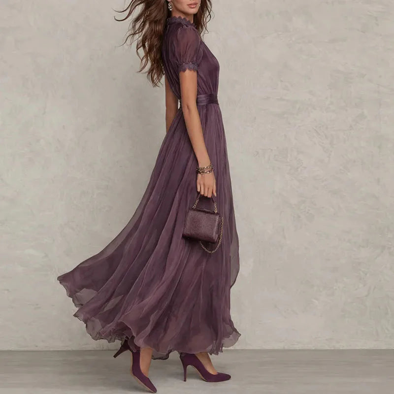 Spring Vintage Solid Lace A-Line Long Dress Women's O Neck High Waist Pleated Party Dress Summer Short Sleeve Flowy Maxi Dresses