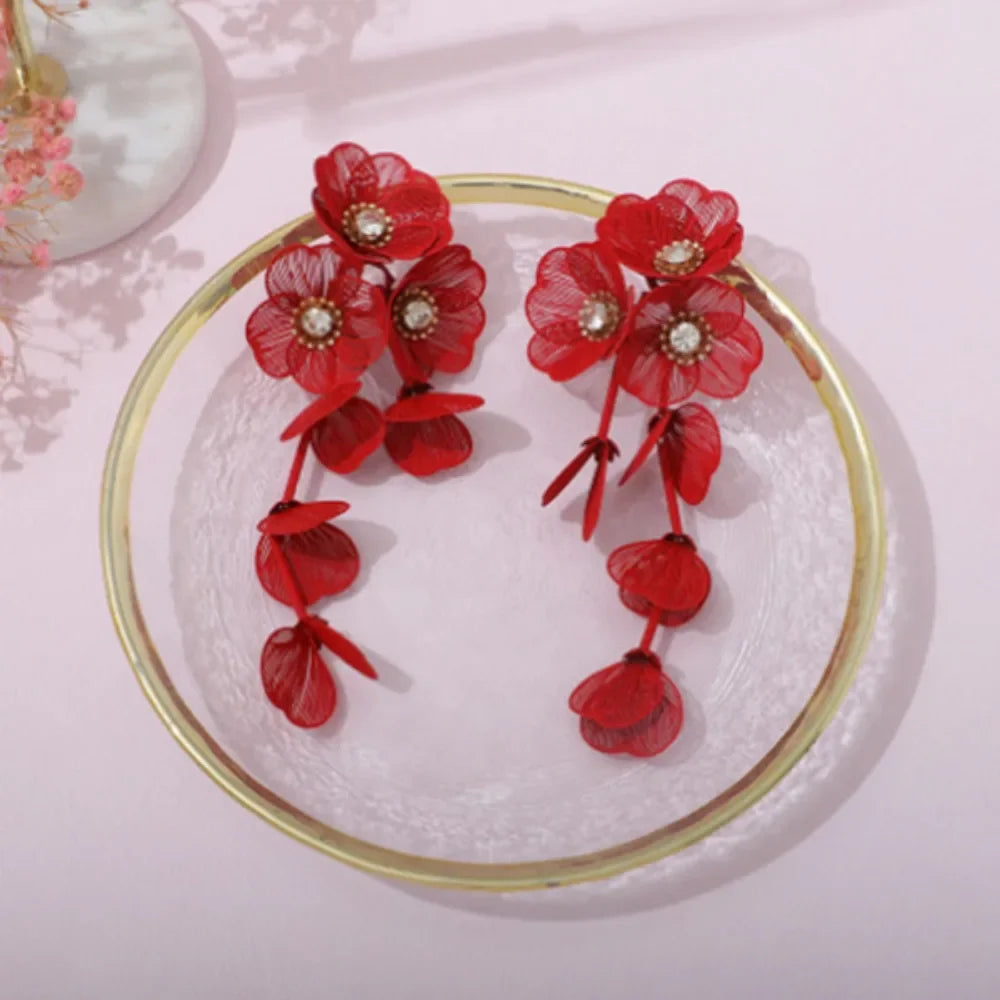 Exaggerated Big Flower Long Tassel Earrings Light Luxury Advanced Sense Women Earrings Metal Temperament Stud Earrings Wedding