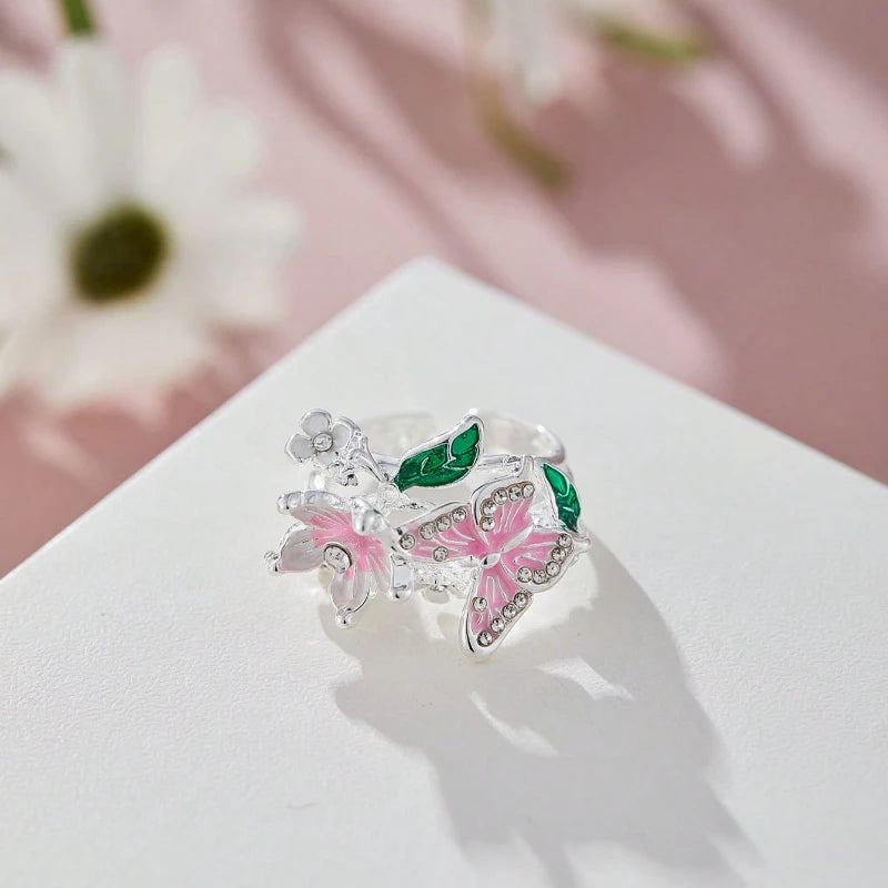 Aesthetic Flower Butterfly Rings for Female Romantic Rhinestone Stylish Non-fading Opening Ring Women Wedding Jewelry Party Gift