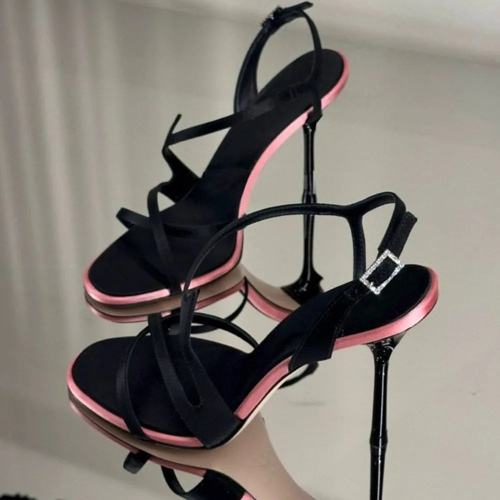 Satin Color Block Stiletto High Heels with One Belt 2026 New Summer Temperament Versatile Sandals