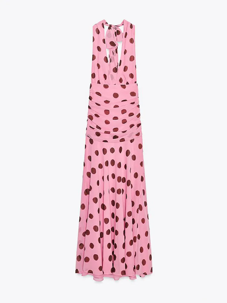 Elegant Solid Polka Dot Pleated Slim Vestido Women Chic Sleeveless Off Shoulder Round Neck Maxi Dresses Summer Dinner Party Wear