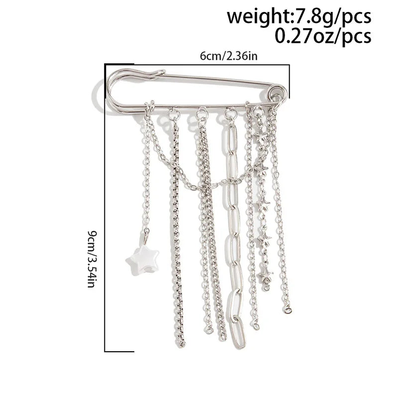 New Exaggerated Metal Chain Pendant Tassel Brooches for Women Man Personality Charm Trousers Shortened Pins Rock Jewelry Gift