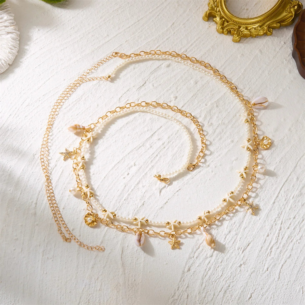 Summer Beach Shell Waist Chain For Women Bohemia Double Layer Starfish Conch Beaded Belly Chain Vacation Bikini Body Jewelry