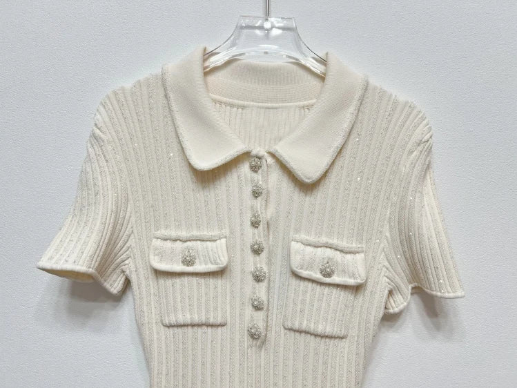 2024 Spring New Arrive Knitted Women Sequins Mini Dress Short Sleeve Turn Down Collor Ruffles Hem Lady Dress