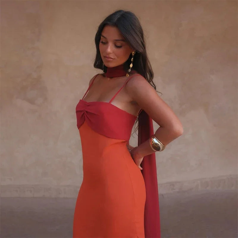 Fashion Women Color Blocking Scarf Collar Sling Dress Sexy Split Waist Cinching Bodycon Maxi Gowns 2026 Lady Club Party Vestidos