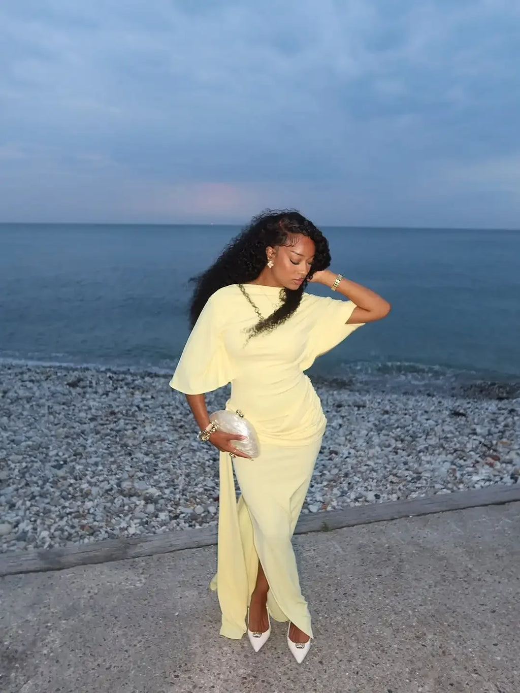 Women Fashion Yellow Backless Slit Dress Half Sleeved Waist Cinched Pleated Lace Up Dresses Lady Evening Party Robe 2026 Spring
