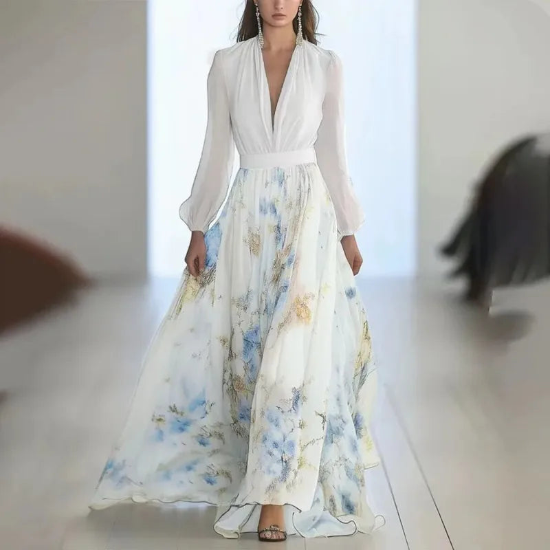 Elegant Long Sleeve Maxi Dress Women 2025 Summer Fashion Slim Floral Print V-neck White Long Dresses Casual Ethnic Style Resort