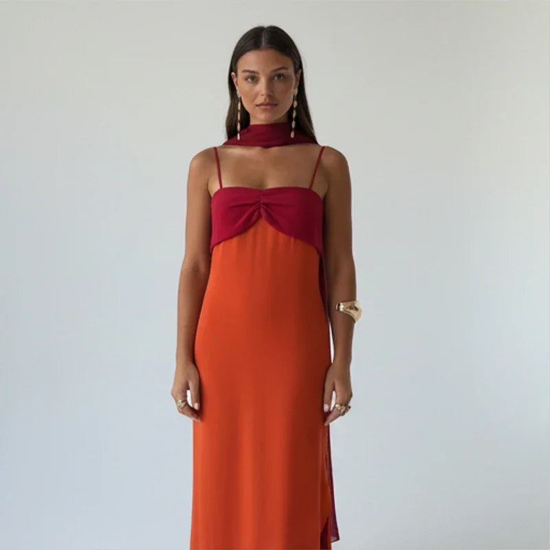 Fashion Women Color Blocking Scarf Collar Sling Dress Sexy Split Waist Cinching Bodycon Maxi Gowns 2026 Lady Club Party Vestidos