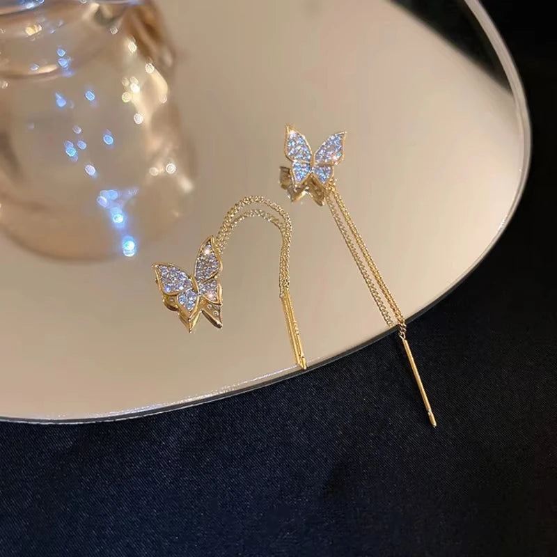 Gold Plating Wave Long Fringe Square Geometric Ear Lines for Women Flowers Butterfly Water Drop Star Temperament Dangle Earrings