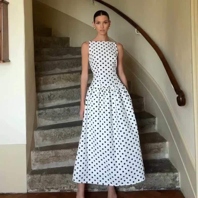Elegant Solid Polka Dot Pleated Slim Vestido Women Chic Sleeveless Off Shoulder Round Neck Maxi Dresses Summer Dinner Party Wear