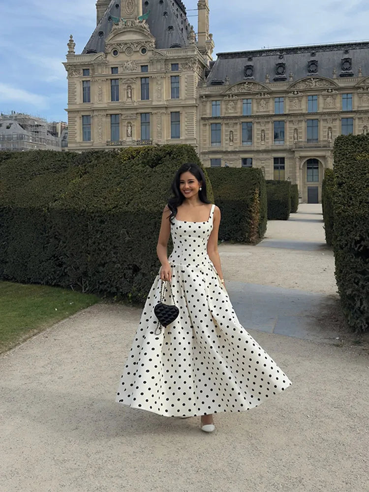 Elegant Solid Polka Dot Pleated Slim Vestido Women Chic Sleeveless Off Shoulder Round Neck Maxi Dresses Summer Dinner Party Wear
