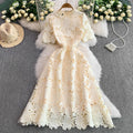 Ele Summer Lace round Ne Dr Women's High Waist Slimming Long Skirt Korean Sle Commute High Softn Regular Sve