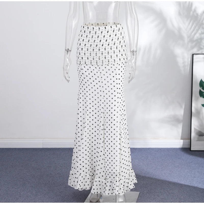 Polka Dot Women ‘s Skirt Elegant High Waist Ruched Ruffle Hem Mermaid Long Skirt Female  2026 Summer Casual Party Streetwears